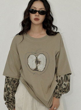 咕噜喔 早秋设计感宽松卡其打底衫豹纹袖复古假两件长袖T恤男女