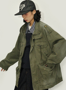 咕噜喔美式复古军绿色上衣日系宽松M65夹克水洗破坏做旧工装外套