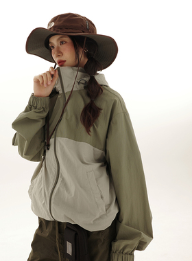 咕噜喔 复古山系拼色薄款登山户外冲锋衣拼色连帽轻薄防晒衣