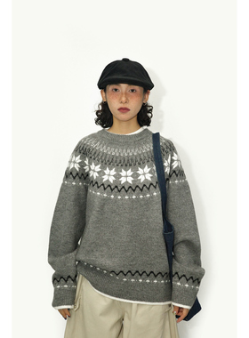 咕噜喔 秋季新款宽松圆领套头上衣男女休闲日系复古费尔岛毛衣