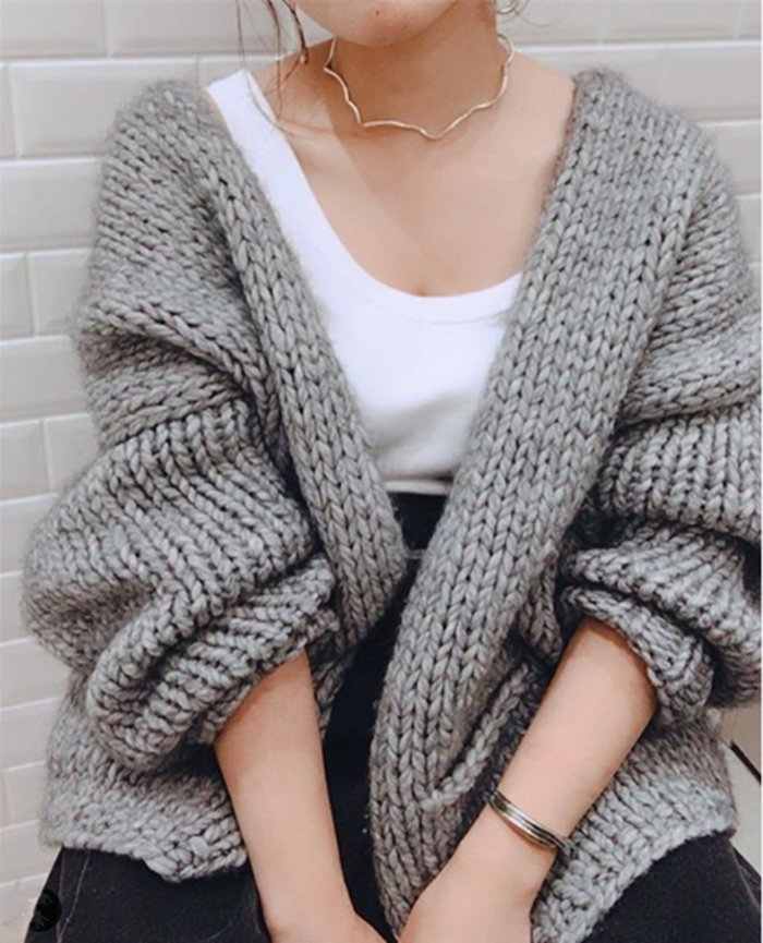 日系梨花reefur宽松纯色无扣手工针织开衫灰色粗棒开衫外套女