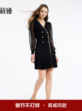 歌莉娅秋季新款女装古着vintage裙小黑裙V领长袖连衣裙108C4G1V0