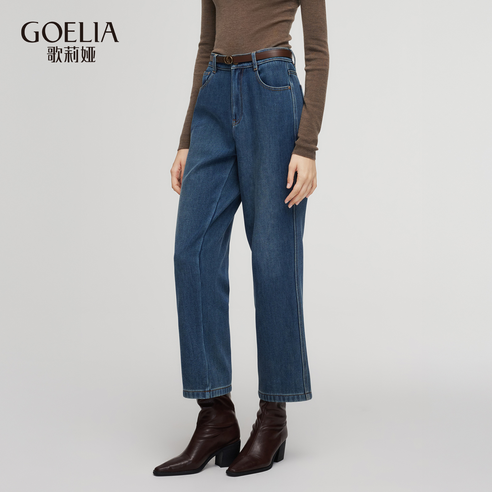 歌莉娅冬季抓绒牛仔裤九分裤女