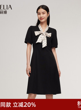 歌莉娅通勤连衣裙女夏2025新款巨好看飘带领收腰小黑裙1C4C4H6QA