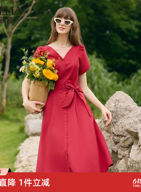 首降5折|歌莉娅红色连衣裙女夏季时尚花瓣袖绝美超好看短袖裙子