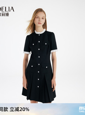 歌莉娅小香风连衣裙夏季时尚小个子气质黑色短袖百褶裙1C4R4K5S0