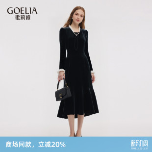 歌莉娅丝绒连衣裙女秋冬款 大方得体穿搭赫本风裙子重要场合小黑裙