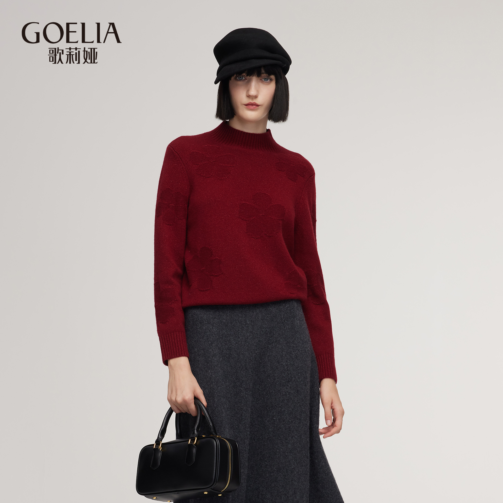 歌莉娅冬季红色半高领羊毛毛衣女