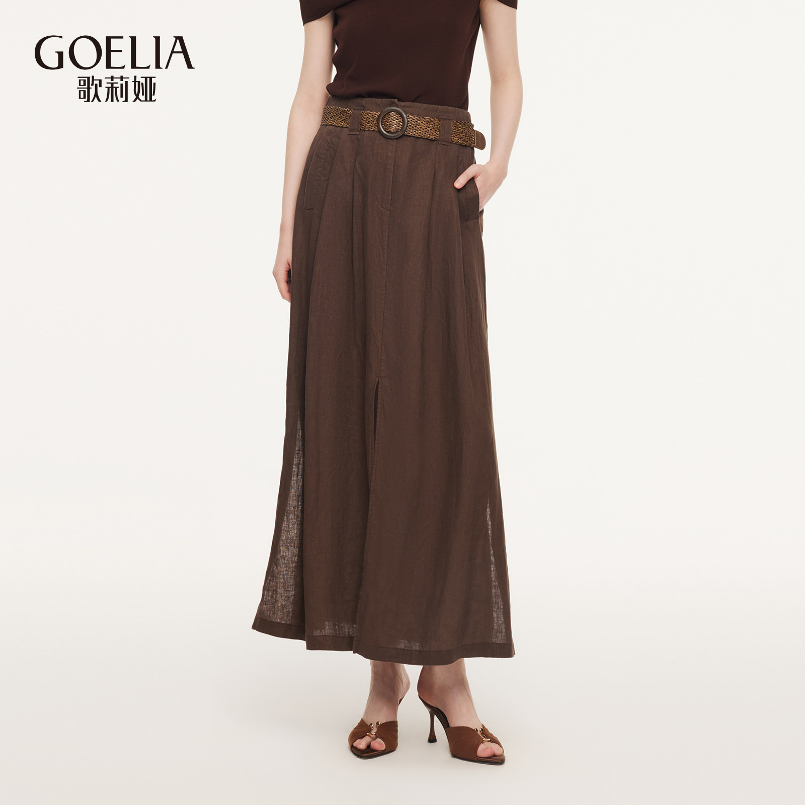歌莉娅亚麻半身裙女2026新款春季淡人高知穿搭高腰长裙1F3C2B230