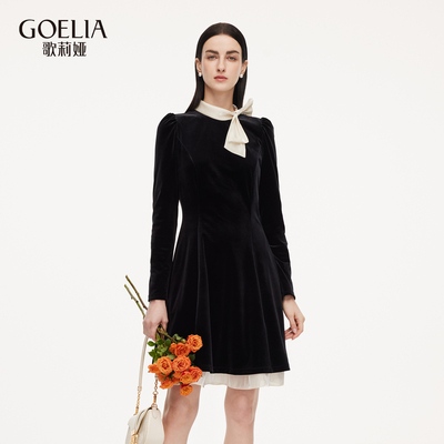 歌莉娅秋冬丝绒连衣裙气质小黑裙