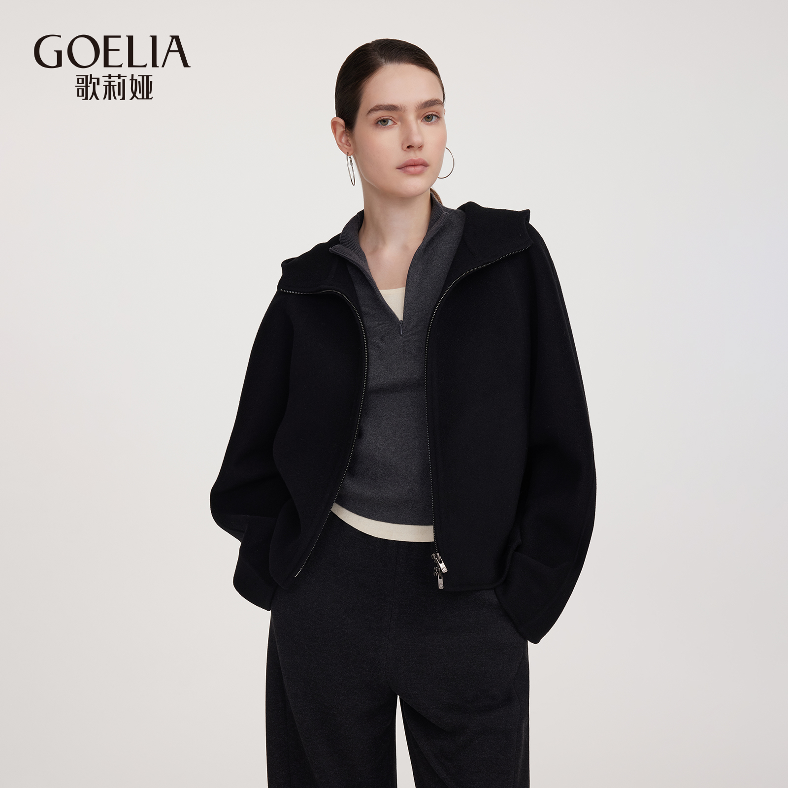 歌莉娅冬季双面呢天丝羊毛外套女