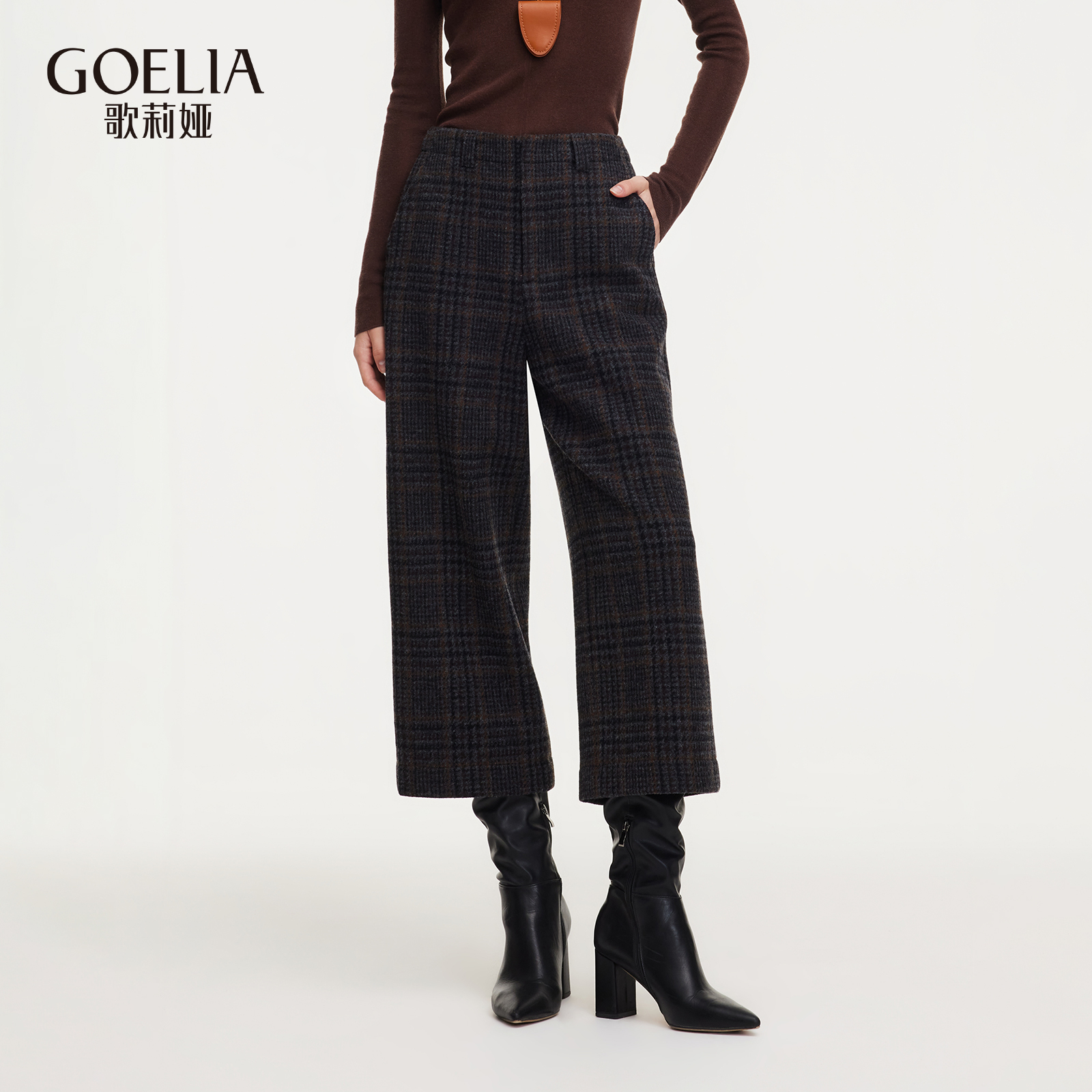 歌莉娅冬季全羊毛复古宽腿长裤女