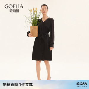 直降3折|歌莉娅长袖连衣裙女秋季三醋酸气质拼接V领小黑裙子