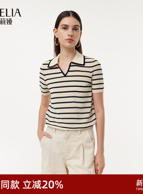 歌莉娅天丝翻领t恤女2025新款夏季波嬉风穿搭通勤条纹短袖套头衫
