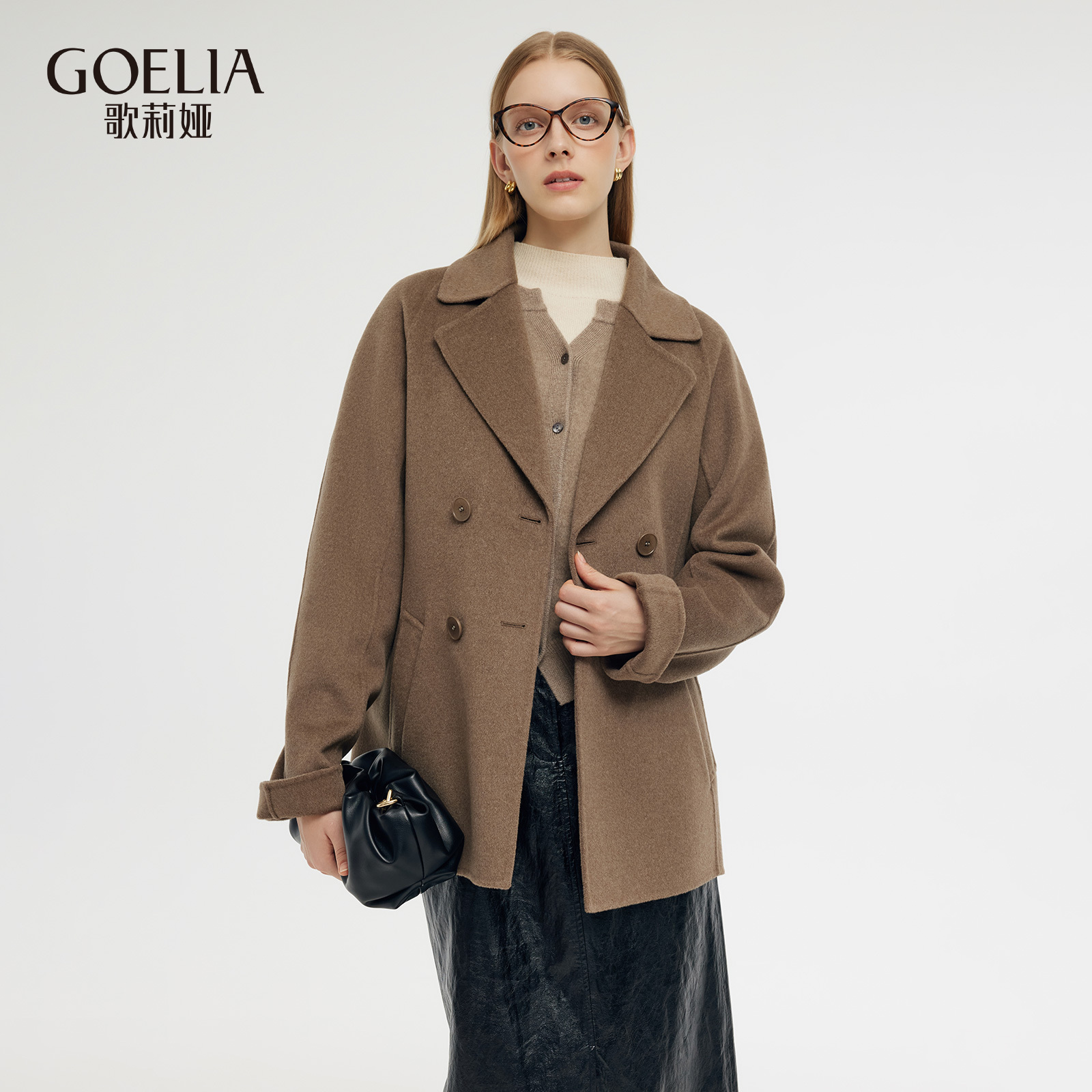 羊毛大衣歌莉娅咖色双面呢外套女