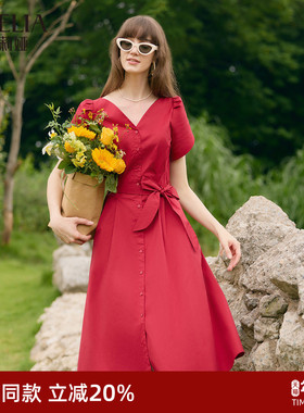 歌莉娅红色连衣裙女夏季时尚花瓣袖绝美超好看短袖裙子1C4R4K2NA