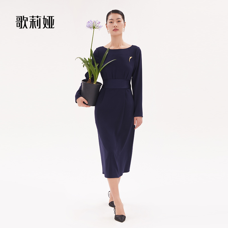 歌莉娅长袖连衣裙醋酸通勤长裙