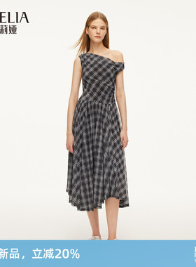 歌莉娅格子连衣裙女2026新款夏季独特小众斜肩连身裙子1F4J4H5A0