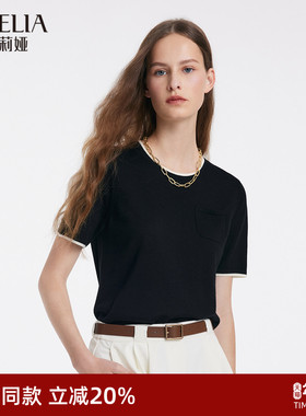 歌莉娅短袖上衣女夏季时尚100%纯羊毛黑色套头衫显瘦T恤1C4C5G010