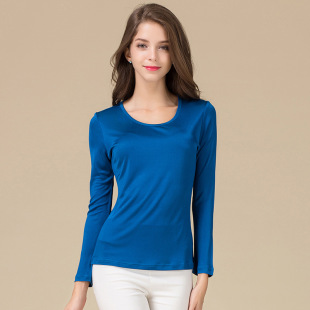 春季女款真丝圆领修身长袖T恤桑蚕丝双面针织套头打底衫女装上衣