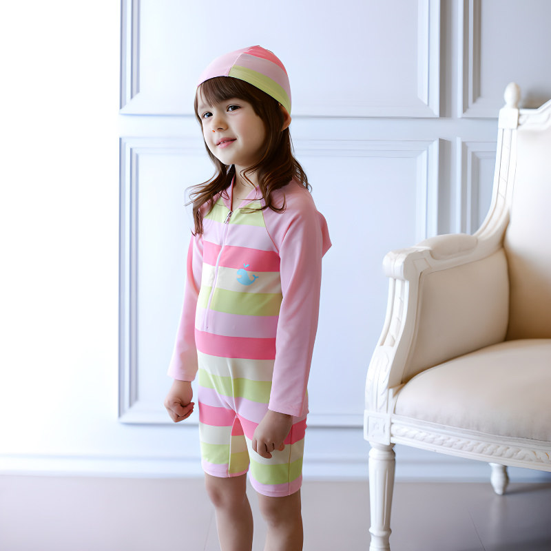 儿童游泳衣彩虹条纹女童小孩宝宝防晒长袖训练连体速干泡温泉泳装