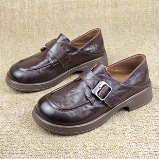 头层羊皮女鞋商场断码英伦风真皮乐福鞋厚底圆头一脚蹬休闲女单鞋