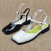 2025夏季 新款 透气牛漆皮平跟玛丽珍鞋 月芽儿正品 包头凉鞋 仙女风潮