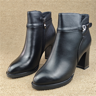 品牌清仓撤柜断码女鞋头层牛皮女短靴侧拉链高跟时装靴加绒女棉鞋