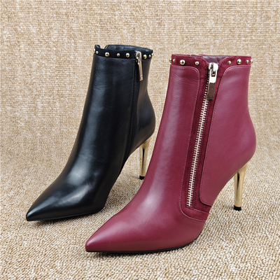 胎牛皮单里高跟时装短靴