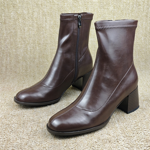 40码孤品靴子品牌断码处理女鞋软皮单里女短靴圆头粗跟女时装靴子
