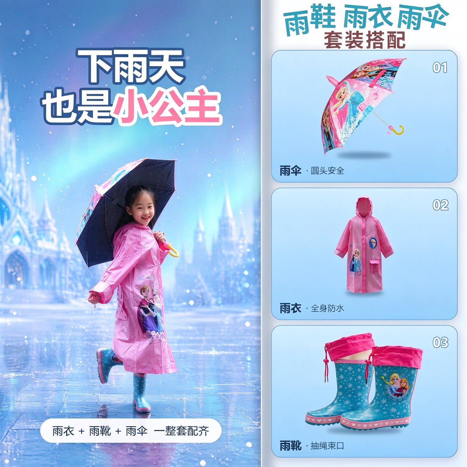 儿童雨鞋雨衣雨伞套装女童艾莎公主款幼儿园雨靴爱莎冰雪奇缘雨具