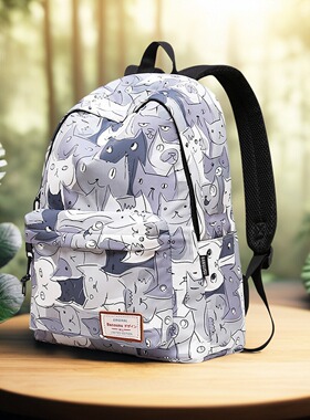 阪元宿宿灰色猫咪印花双肩包男女韩版休闲背包书包中学生大容量旅
