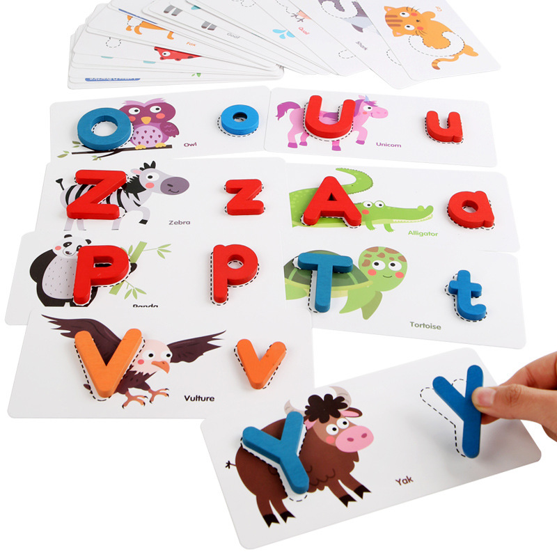 木制数字英文字母书写卡儿童益智玩具配对描写积木早教启蒙