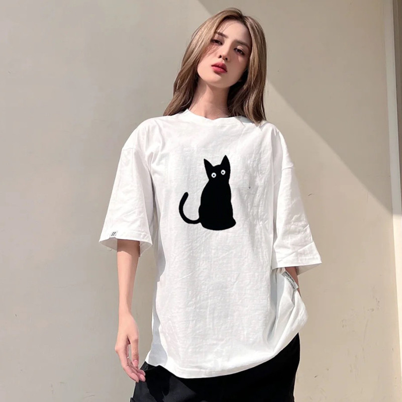 黑猫系列 两种图案宽松男女同款短袖T恤圆领百搭白色上衣加大码