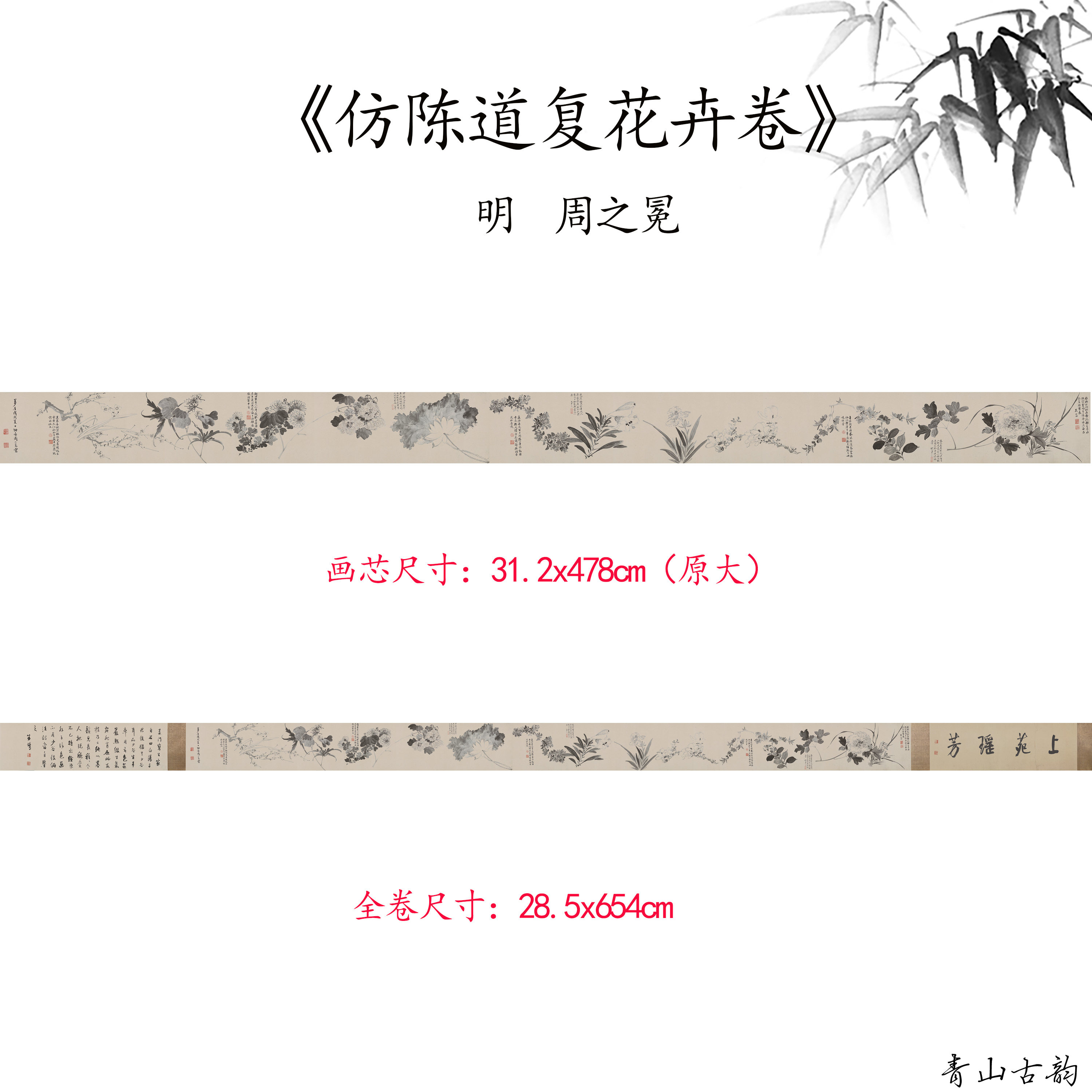 周之冕花卉画卷高清微喷复制临摹