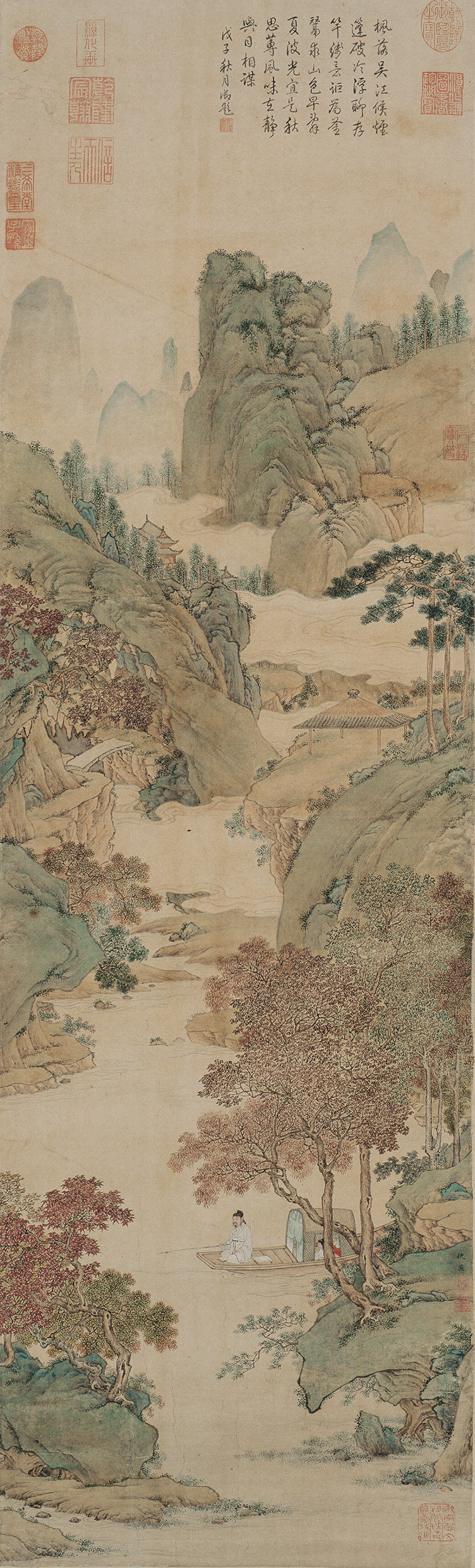 明代仇英枫溪垂钓图山水国画装饰画高清微喷复制