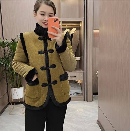 时尚气质女式加绒棉服外套民族风盘扣棉袄妈妈装立领休闲保暖棉衣
