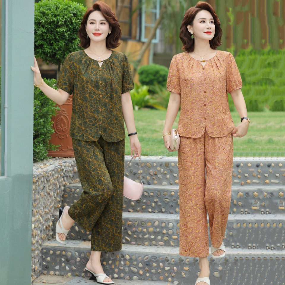 中老年妈妈装夏季新款棉绸短袖上衣女时尚洋气人造棉九分裤两件套
