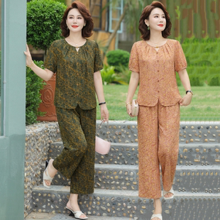 中老年妈妈装夏季新款棉绸短袖上衣女时尚洋气人造棉九分裤两件套