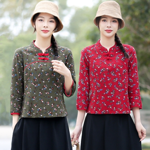 民族风碎花上衣中国风女装复古盘扣中袖旗袍领t恤 七分袖显瘦小衫