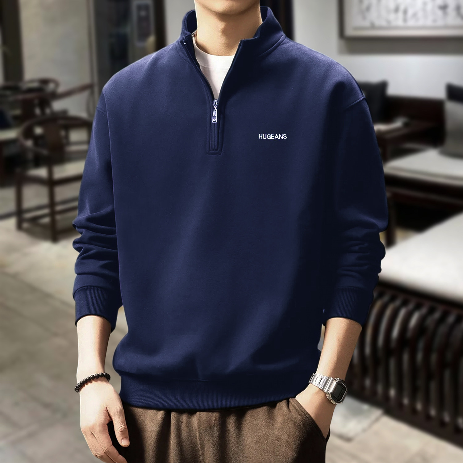 2026送爸爸父亲秋冬款加绒厚实面料半拉链卫衣男简约休闲长袖上衣