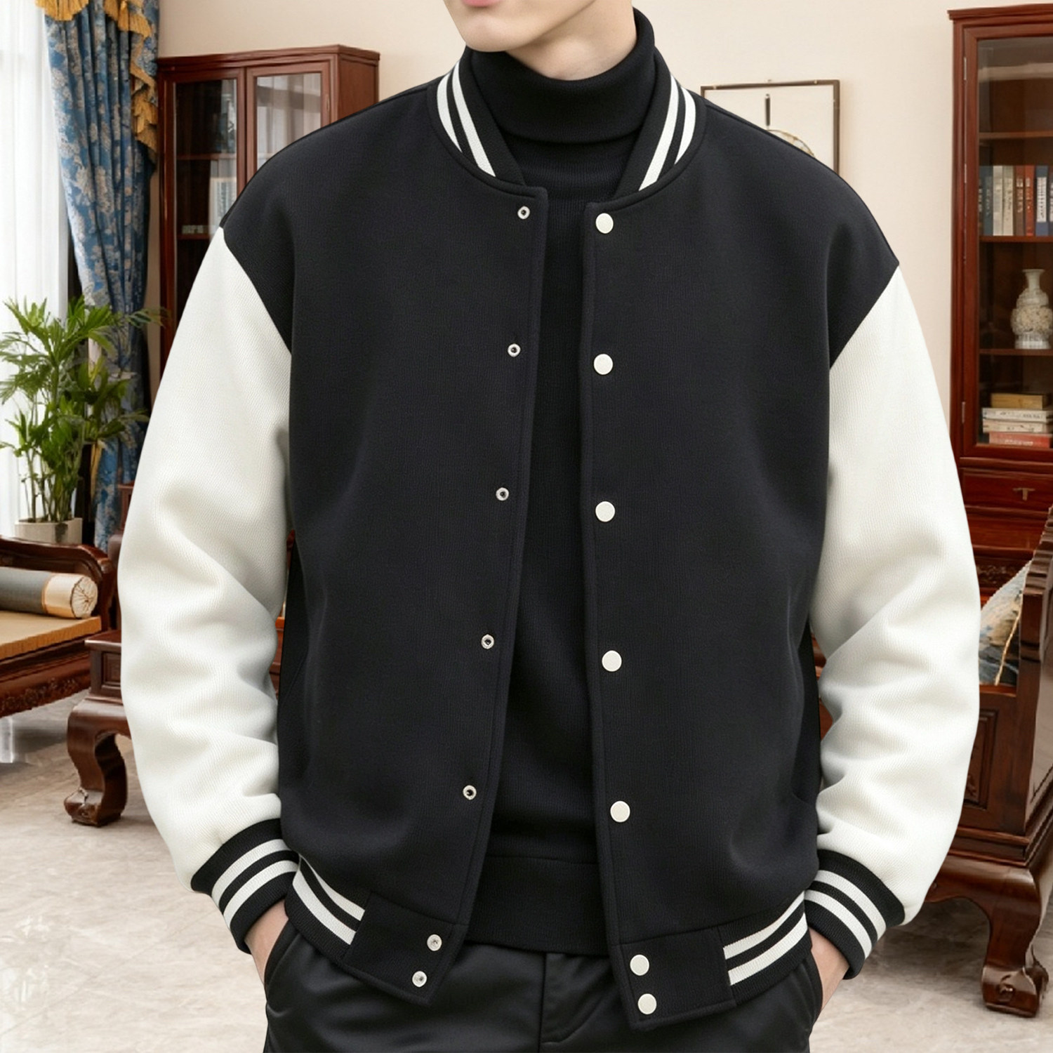 大码撞色棒球服外套男士春秋新款重磅厚实棉外套夹克宽松加肥加大