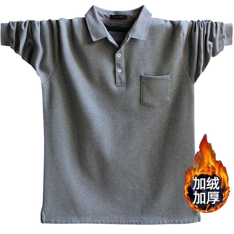 秋冬翻领加绒加厚POLO衫中老年打底保暖上衣爸爸冬装长袖宽松大码