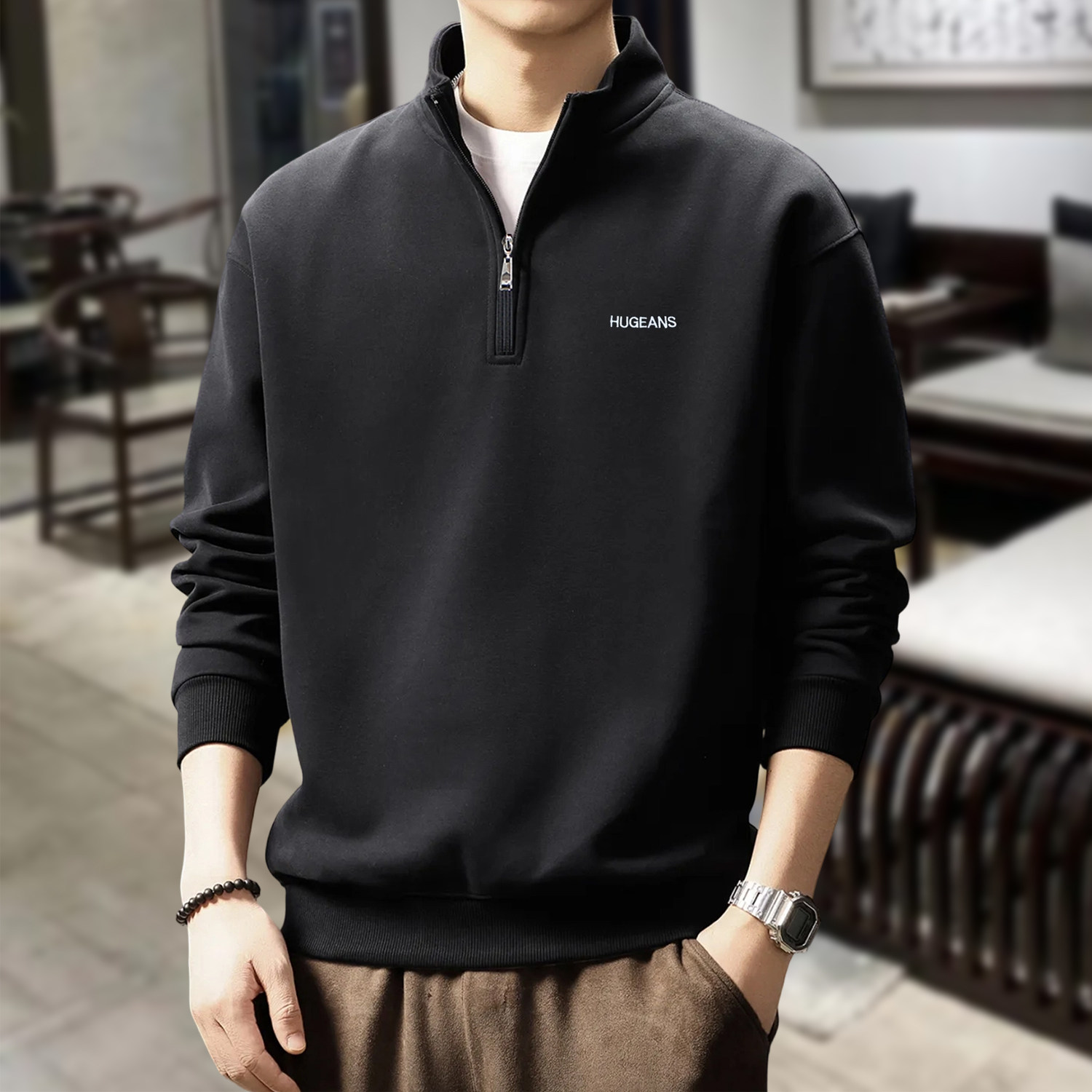 2026中青年半拉链卫衣秋冬款加绒厚实面料男简约休闲长袖上衣外套