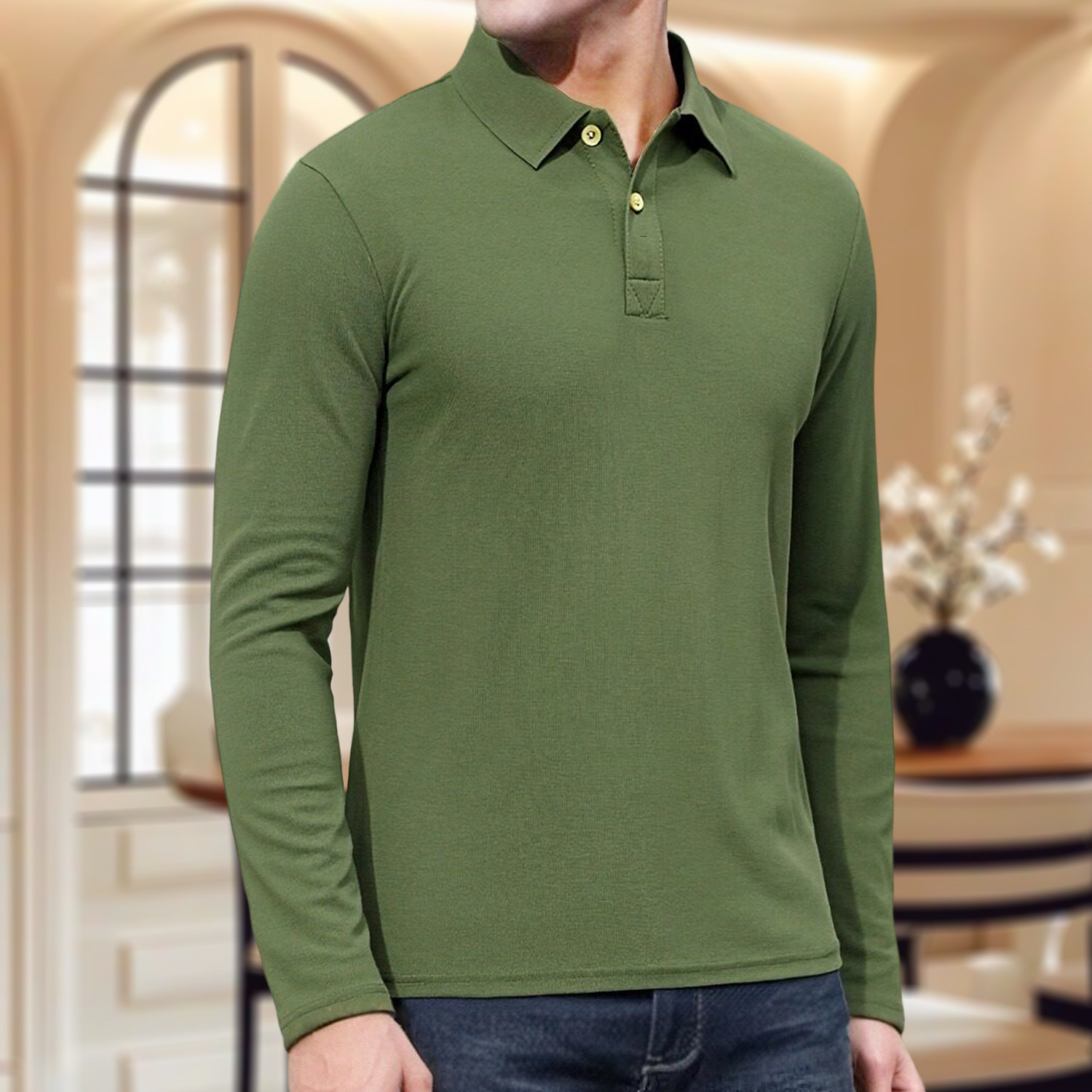 男士薄款军绿翻领ploo衫春夏装长袖T恤 大码中年男装加肥加大宽松
