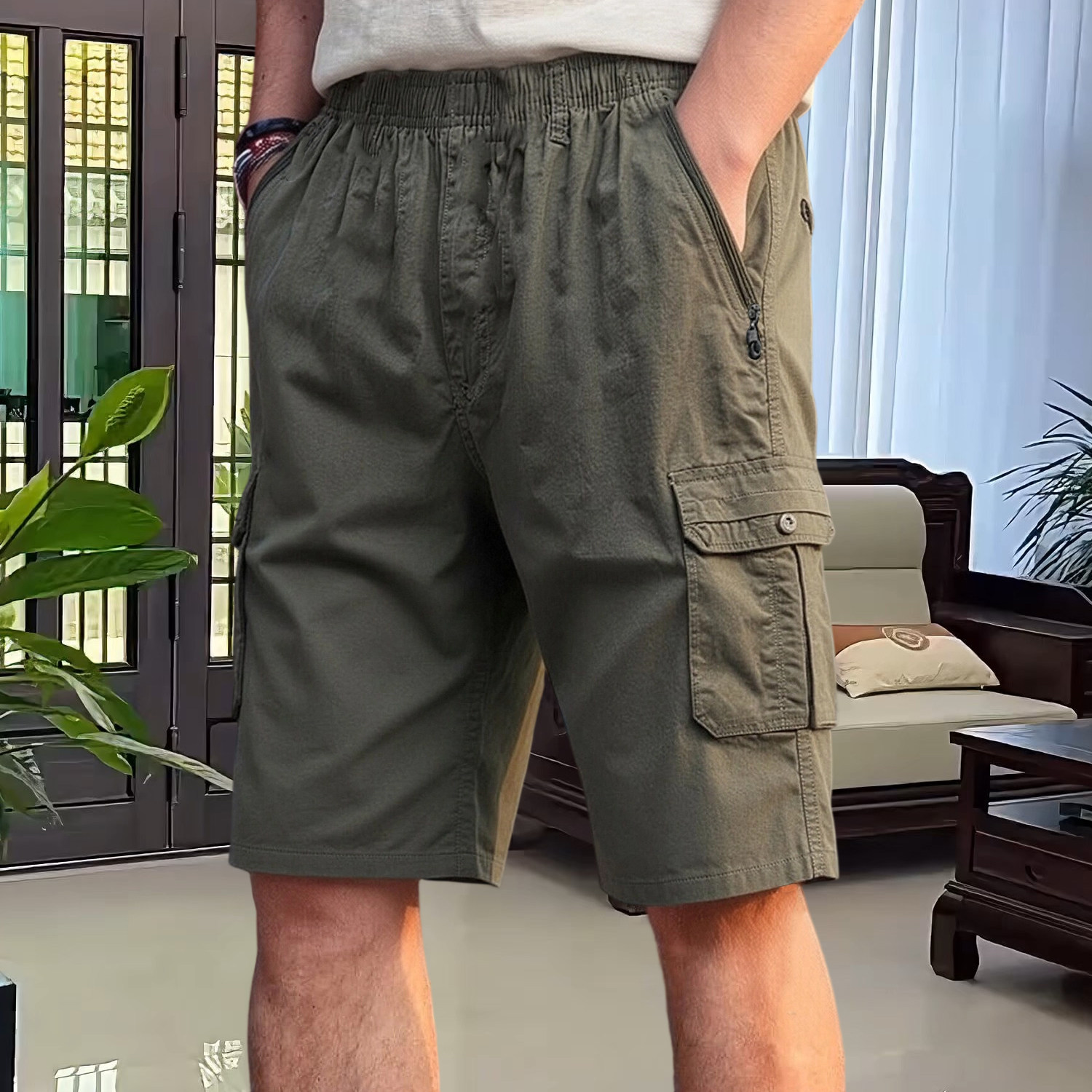 中年男士七分裤爸爸装休闲工装裤短裤宽松中老年7分短裤大裤衩