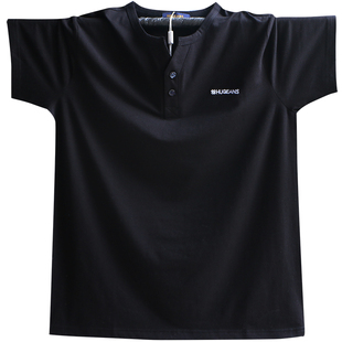 v领爸爸装短袖t恤宽松冰丝纯棉运动男士大码加肥加大半袖上衣带扣