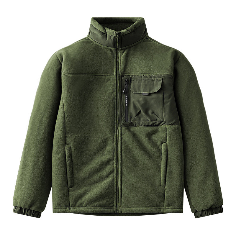男士秋冬季摇粒绒纯色夹克拉链加绒加厚外套冬装加肥加大带口袋