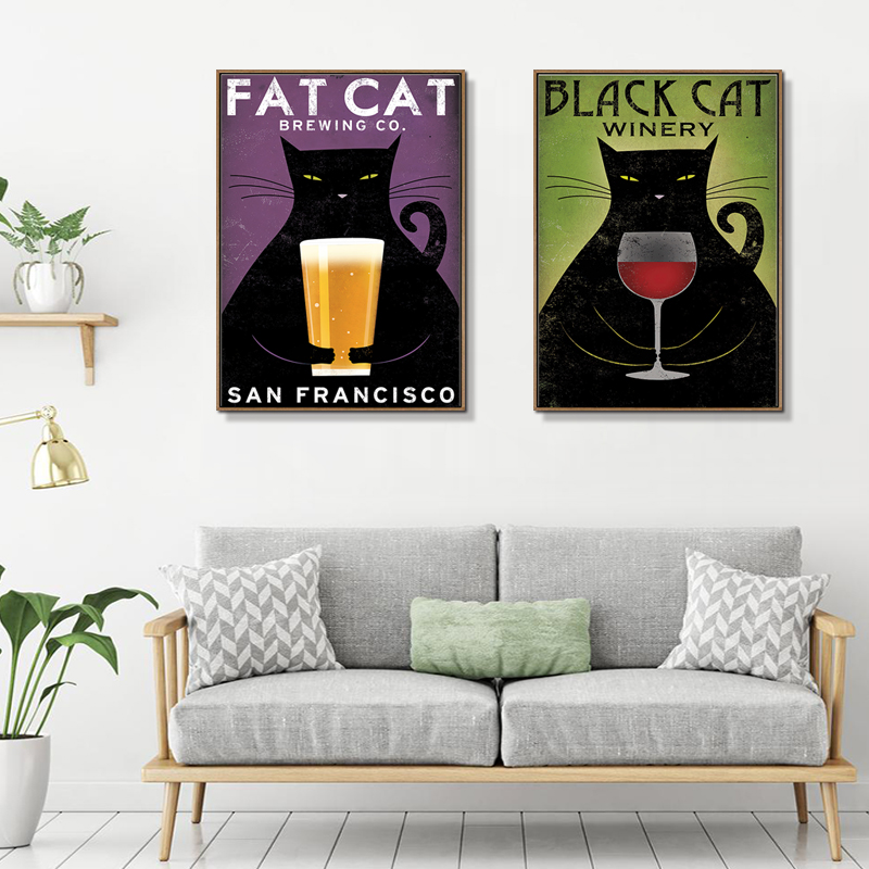 BLACK CAT美式黑猫壁挂画宠物个性墙装饰画办公室肥抽象猫咪画FAT图片