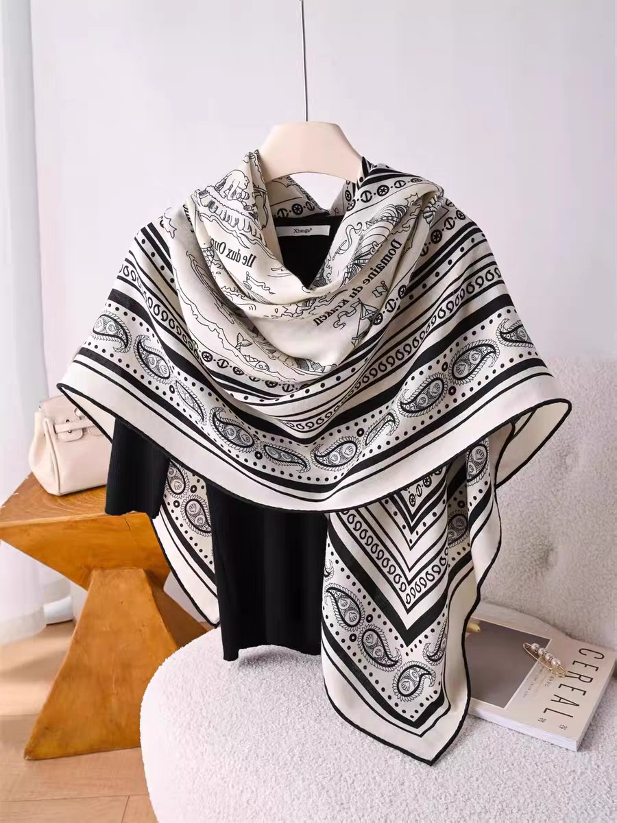 水手纹身真丝羊毛围巾女秋冬季轻奢丝毛大方巾保暖百搭大披肩105